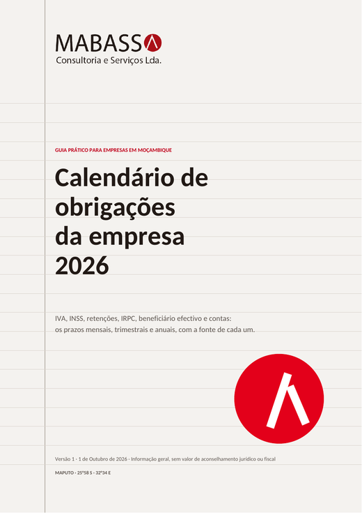 Capa do PDF Calendário de obrigações da empresa 2026, com o logótipo da Mabassa